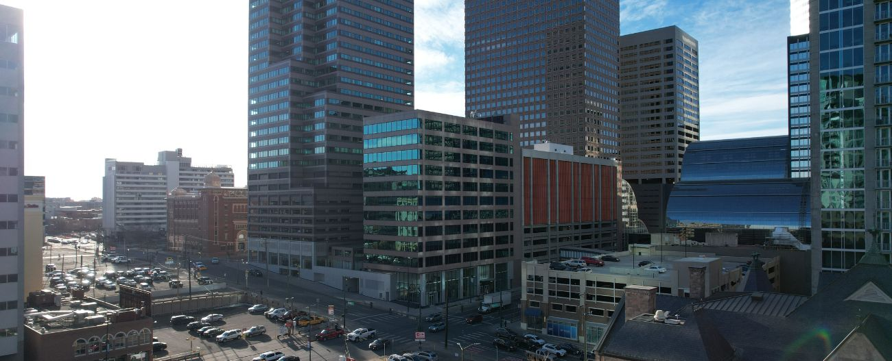 Drone capture of a city block & skyscraper buildings in Downtown Denver